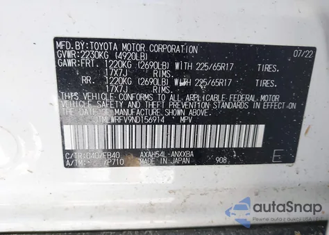 2022 Toyota Rav4 Hybrid Le z USA, uszkodzony, nr VIN JTMLWRFV9ND156914